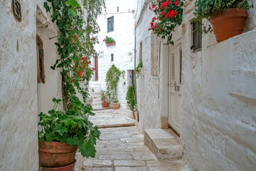 Naklejka premium Ostuni, Italy: Panoramic View of Ancient White Town in Brindisi, Puglia. Landmark Architecture and Houses of Italy