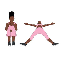 A Black African woman in pink clothing doing torture tucks crunches exercise. Flat vector illustration isolated on white background	