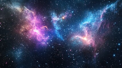 Naklejka premium Vibrant space galaxy cloud nebula with swirling purple, blue, and pink hues, glowing stars scattered across the cosmic background