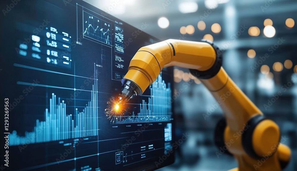 Poster industrial robotic arm precisely interacts with data analytics screen efficiently improving manufact