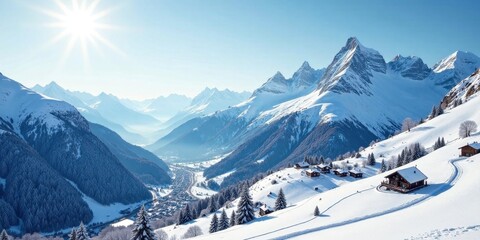 Fototapeta premium Sunlit Winter Wonderland Majestic Mountain Range with Cozy Snow-Covered Chalets and Serene Valley View