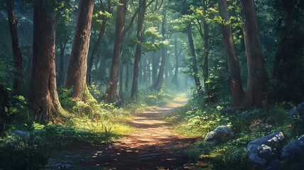 Obraz premium A Narrow Path Winding Through a Dense Forest with Tall Trees and Lush Green Undergrowth, Featuring Soft Light Filtering Through the Trees and a Hint of Mist or Fog.