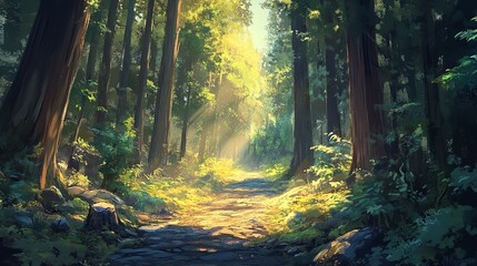 Fototapeta premium A Narrow Path Winding Through a Dense Forest with Tall Trees and Lush Green Undergrowth, Featuring Soft Light Filtering Through the Trees and a Hint of Mist or Fog.