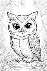 Cute Owl Bird Sitting on a Tree Branch in a Peaceful Forest Black Line Art Drawing for Kids Coloring Book Design Simple Drawing Illustration Design