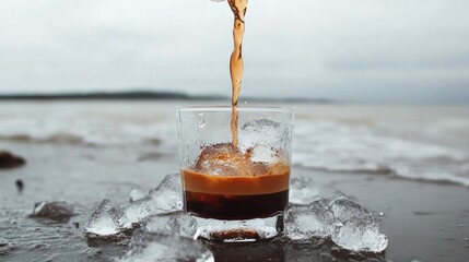 A close-up of espresso being poured over ice in a glass, mixing to create the perfect iced Americano, against a white background
