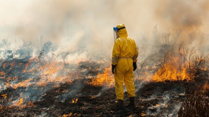 Naklejka premium Controlled Burn Aftermath: Firefighter Smoke and Protective Gear 