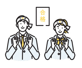 シンプル　イラスト　受験合格に向けて気合いを入れるハチマキの学生の男女のセット