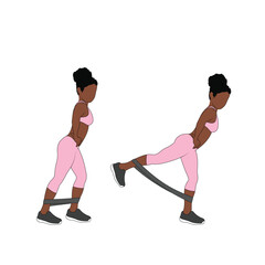 A Black African woman in pink clothing doing resistance band kickbacks exercise. Flat vector illustration isolated on white background	