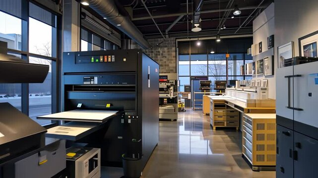 Explore a contemporary printing workshop filled with state-of-the-art equipment and vibrant art pieces, creating visually stunning prints