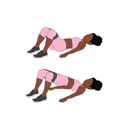 A Black African woman in pink clothing doing glute bridges with resistance band exercise. Flat vector illustration isolated on white background	