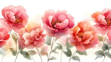 Fototapeta premium Delicate pink peonies border, soft watercolor style