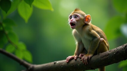 Fototapeta premium A Young Primate Perched on a Branch, Open-Mouthed in Amazement, Surrounded by Lush Greenery