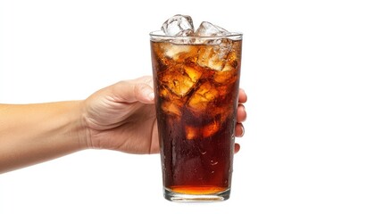 A stylish shot of a hand holding a tall glass of iced Americano, with ice floating on top, against a white background