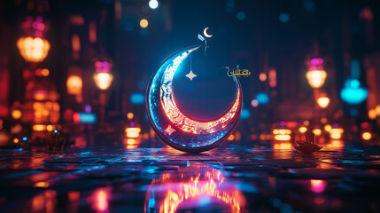 Glowing Crescent Moon Night Cityscape Ramadan Festive Digital Art Neon Lights Abstract Background Design Modern Illustration Shiny Elegant Ornate Detailed Intricate Pattern Vibrant Colors Night Urban 