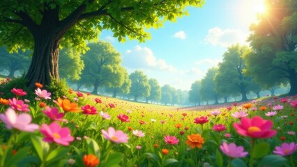 Fototapeta premium Serene Meadow Landscape Vibrant Blossoms Under a Sunny Sky with Majestic Trees