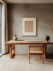 Minimalist office space features desk and chair with a woven rug