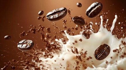 Fototapeta premium Artistic high-speed capture of roasted coffee beans diving into an explosion of milk and black coffee, creating a mesmerizing splash. Warm brown gradient background adds a rich coffeehouse feel