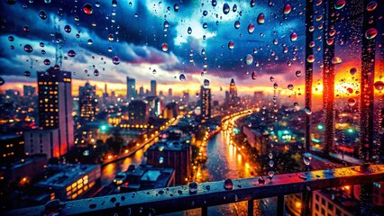 Obraz premium Rain-Streaked City Twilight: Urban Exploration Window View