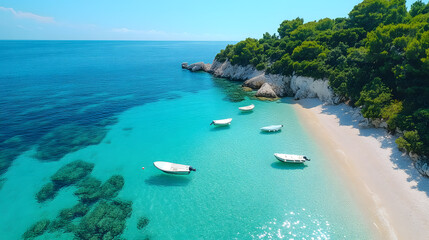 Drone photography of a crystal-clear lagoon bordered by a beach of smooth, round pebbles, each stone visible beneath the water's surface, creating a mesmerizing natural mosaic.