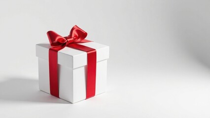 Obraz premium A pristine white gift box adorned with a vibrant red ribbon, a symbol of celebration and thoughtful presentation
