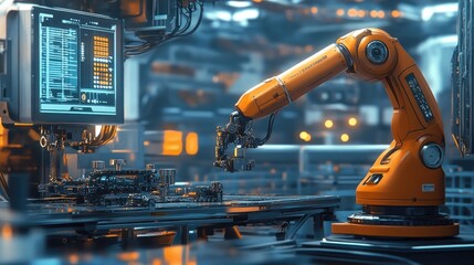 A robot arm in action, assembling mechanical parts in a futuristic factory setting, perfect for industrial branding