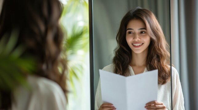 Pep Talk. Asian Woman Practicing Presentation in Front of Mirror for Job Interview and Public Speaking - Powered by Adobe