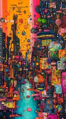 Fototapeta premium Futuristic city river, vibrant buildings, aerial view, digital art