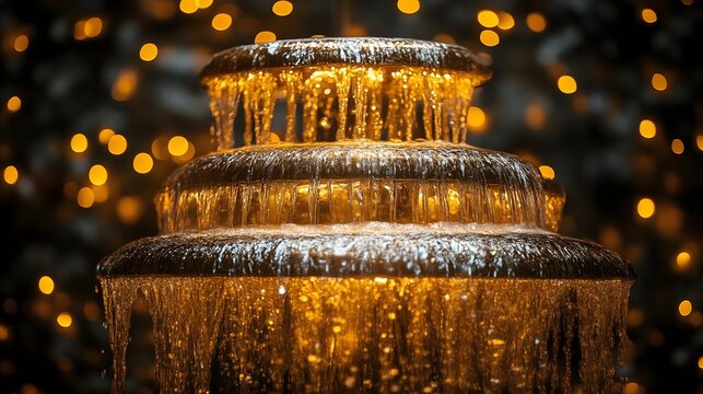 Illuminated tiered fountain cascading water at night - Powered by Adobe