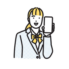 シンプル　イラスト　スマホの画面を見せる女子高生