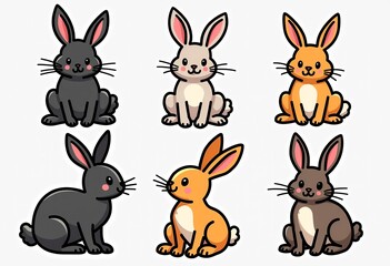 Bring your designs to life with this clip art set of stylized bunnies, featuring thick black outlines and vibrant colors, evenly spaced with margins, ideal for creating fun and engaging visuals and gr