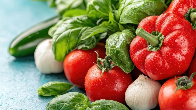 Fresh Vegetables, Basil, and Peppers on Teal Surface