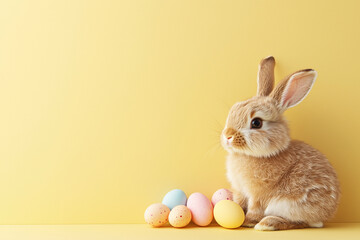 Fototapeta premium A fluffy brown rabbit surrounded by pastel Easter eggs against a warm yellow background. Festive and joyful