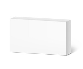 Realistic white closed paperboard box mockup. Vector illustration isolated on white background. Taking your 2D designs into 3D. Can be use for medicine, food, cosmetic and other. EPS10.