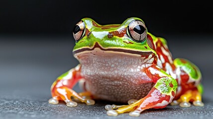 Naklejka premium Vibrant green and red tree frog perched on a dark surface against a black background.