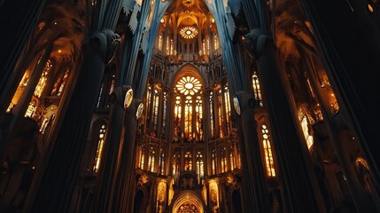 Majestic cathedral interior, illuminated stained glass rose window, Gothic architecture.