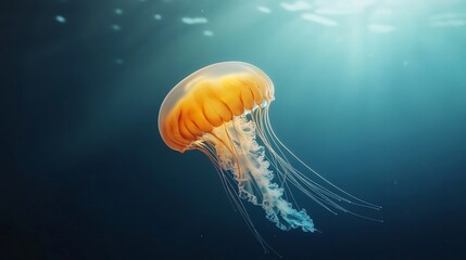 Fototapeta premium Vibrant Orange Jellyfish Swimming Gracefully in Deep Ocean Water
