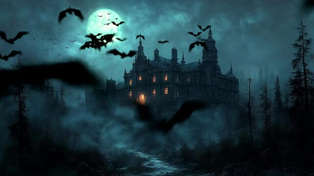 Haunted gothic castle under full moon with flying bats and mist seamless looping 4k time-lapse animation video background. Horror fantasy concept