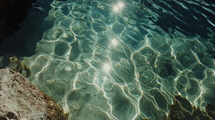 Gentle sea ripples forming abstract patterns, crystal-clear water glowing under the bright midday sun