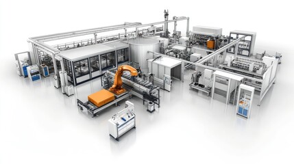 High-tech factory featuring a robotic arm assembling components with precision, surrounded by advanced machinery