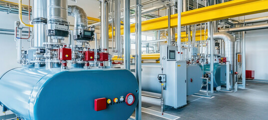 Industrial boiler room with complex network of pipes and valves managing heating system