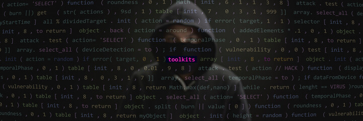 Obraz premium Cyber attack toolkits text in foreground screen, hacker hidden with hoodie in the blurred background. Vulnerability text in binary system ascii art style, code on editor screen. Text in English