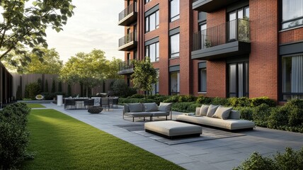 Modern apartment complex featuring a stylish outdoor communal seating area for relaxation and socializing.
