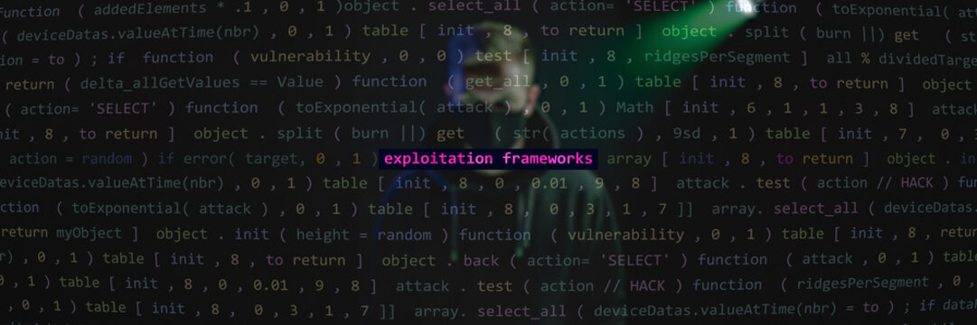 Cyber attack exploitation frameworks text in foreground screen, hacker hidden in the blurred background. Vulnerability text in binary system ascii art style, code on editor screen. Text in English