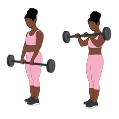 Obraz premium A Black African woman in pink clothing doing barbell reverse bicep curls exercise. Flat vector illustration isolated on white background.
