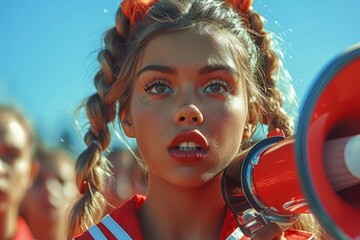 Close-up of a cheerleader's hands holding a megaphone.