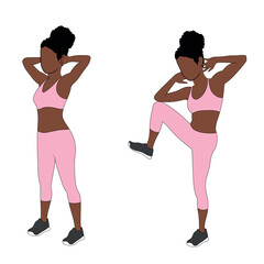 A Black African woman in pink clothing doing bodyweight standing oblique crunches exercise. Flat vector illustration isolated on white background.