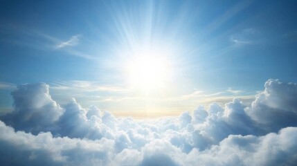 Bright Sunlight Over Soft Fluffy Clouds in Clear Blue Sky