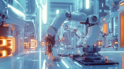Fototapeta premium A cutting-edge robotic arm assembling parts in a clean, modern industrial factory, glowing with high-tech lighting
