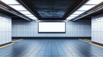 Obraz premium Large subway billboard mockup on a tiled station wall, illuminated with soft overhead lighting for realistic ad placement