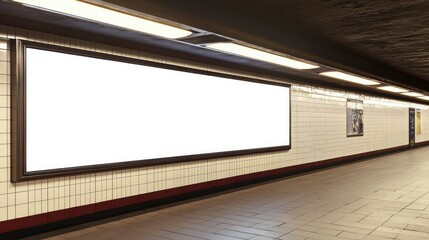 Large subway billboard mockup on a tiled station wall, illuminated with soft overhead lighting for realistic ad placement